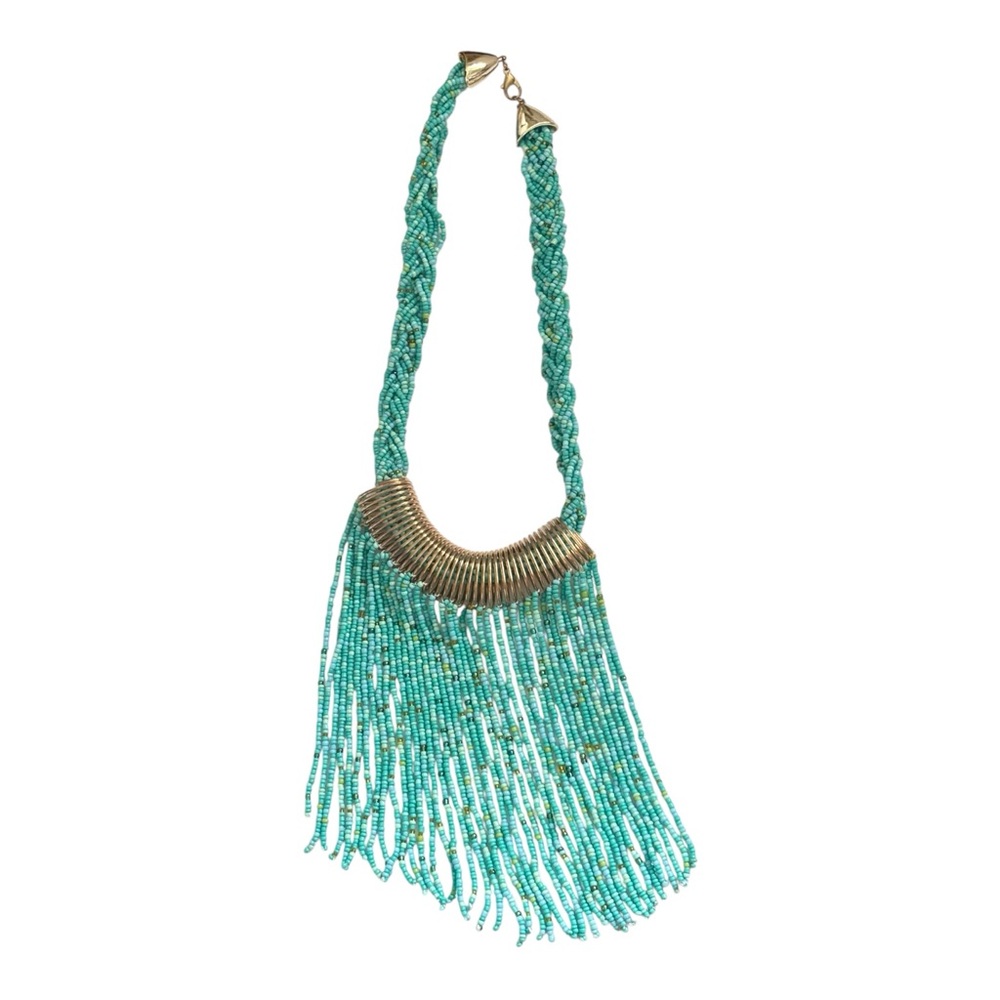 Turquoise Seed Beaded Fringe Statement Necklace - Unbranded 16 inches -Stunning! - Picture 4 of 5